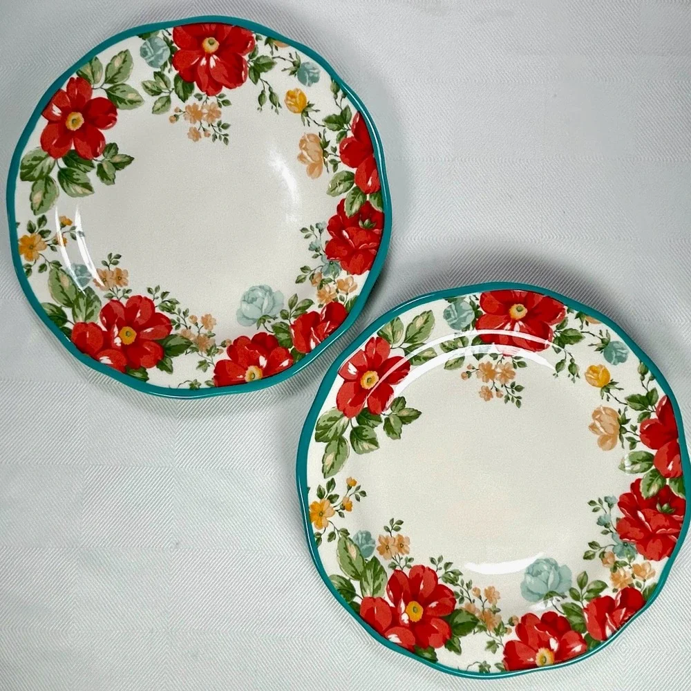 Set of 2 The Pioneer Woman Vintage Floral Teal Dinner Plates 10.5